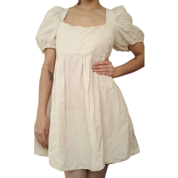 Jacquie the Label Beige Puff Sleeve Mini Babydoll Dress Medium - Picture 5 of 6